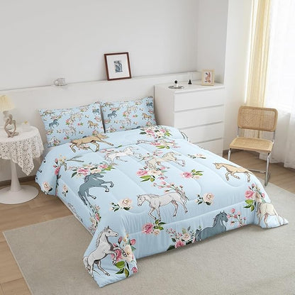 Horse Quilt Full Size, Farmhouse Western Cowboy Cowgirls Duvet Insert for Kids Boys Girls Teens, Cartoon Kawaii Horse Bedding Set, Rustic Rose Floral Comforter Set + 2 Pillow Cases