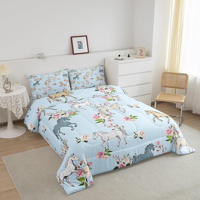 Horse Quilt King Size, Farmhouse Western Cowboy Cowgirls Duvet Insert for Kids Boys Girls Teens, Cartoon Kawaii Horse Bedding Set, Rustic Rose Floral Comforter Set + 2 Pillow Cases
