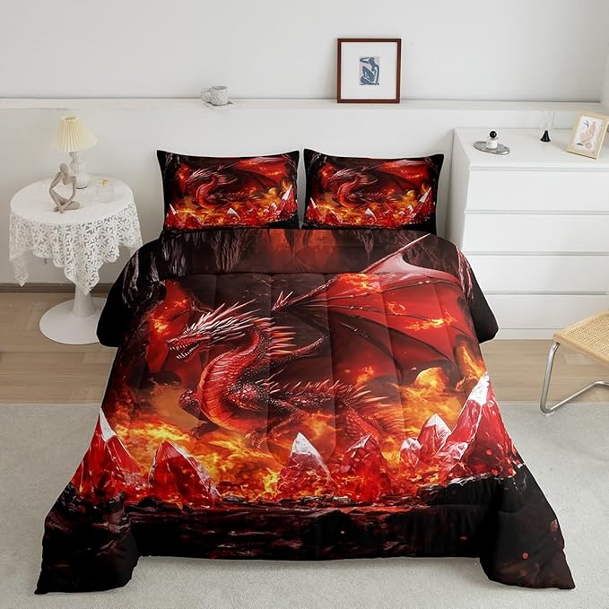 Castle Fairy Dragon Bed Comforter Set Queen Size,Western Fierce Animals Super Soft Microfiber Bedding Set for Adults Men,Glowing Flame Dragon Decorative Comforter Set,3 Pcs