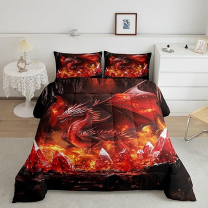Castle Fairy Dragon Bed Comforter Set Queen Size,Western Fierce Animals Super Soft Microfiber Bedding Set for Adults Men,Glowing Flame Dragon Decorative Comforter Set,3 Pcs