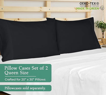 Royale Linens Queen Pillowcase Set of 2 - Bed Pillow Cover - 20" x 30" - BlackPillowcases - 1800 Brushed Microfiber, Wrinkle & Fade Resistant - Soft & Cozy- Queen Size Pillow Case (Black)