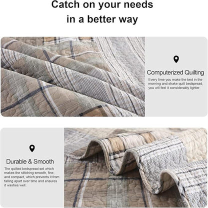 PANGUSHAN Quilts Sets Queen Size,100% Cotton Queen Quilted Bedspreads Bedding Set,Patchwork Plaid Quilt for Queen Bed,Tan/Grey Farmhouse Rustic Bed Spread,Reversible Lightweight Comforter,3-Piece