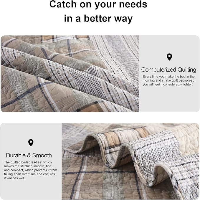 PANGUSHAN Quilts Sets King Size,100% Cotton King Quilt Bedspreads Bedding Set,Patchwork Plaid Quilt for King Bed,Tan/Grey Farmhouse Rustic Quilt Bed Spread,Reversible Lightweight Comforter,3 Pieces