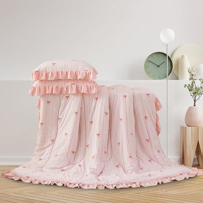A Nice Night Rainbow Stripes & Bows Bedding Set,Ruffle 6 Piece Bed in a Bag Matching Sheet Set,Princess Style Chic Bow Printed,Light Pink Room Decor for Girls,Queen