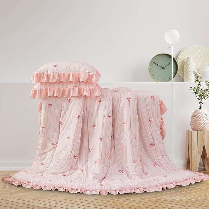 A Nice Night Rainbow Stripes & Bows Bedding Set,Ruffle 6 Piece Bed in a Bag Matching Sheet Set,Princess Style Chic Bow Printed,Light Pink Room Decor for Girls,Full