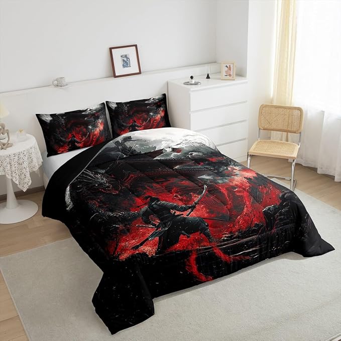 Feelyou Dragon Comforter Set Twin Size Japanese Style Comforter for Boys Girls Teens Samurai Bedding Set Dragon Decor Duvet Set Room Decor Black Red Quilt Set