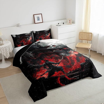 Feelyou Dragon Comforter Set Toddler Size Japanese Style Comforter for Boys Girls Teens Samurai Bedding Set Dragon Decor Duvet Set Room Decor Black Red Quilt Set