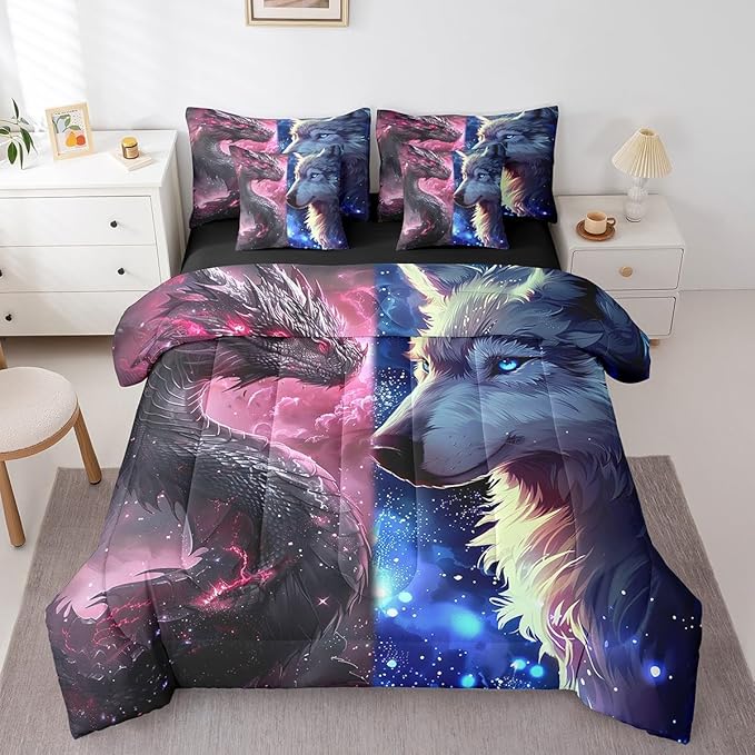 Castle Fairy Western Dragon and Wolf Comforter Set 7 Pieces Queen Size,Magical Animal Bedding Set for Kids,Glittering Starry Sky (Comforter+Fitted+Flat Sheet+2 Pillowcases+2 Throw Pillow Covers)