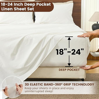 Bedlifes 100% French Linen Sheets Queen Size 18-24”Extra Deep Pocket 4-Piece Set Breathable & Moisture-Wicking,Soft & Durable Sheets for Thick Mattresses(White)