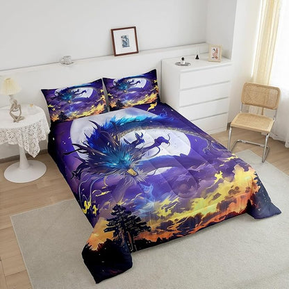Fire Dragon Comforter Set Full Size,Moon Starry Sky Bedding Set 3Pcs,Kids Boys Girls Room Decor Fantasy Style Magical Animals Theme Quilt Set Volcano Purple Nebula Printed Duvet Insert,2 Pillowcases