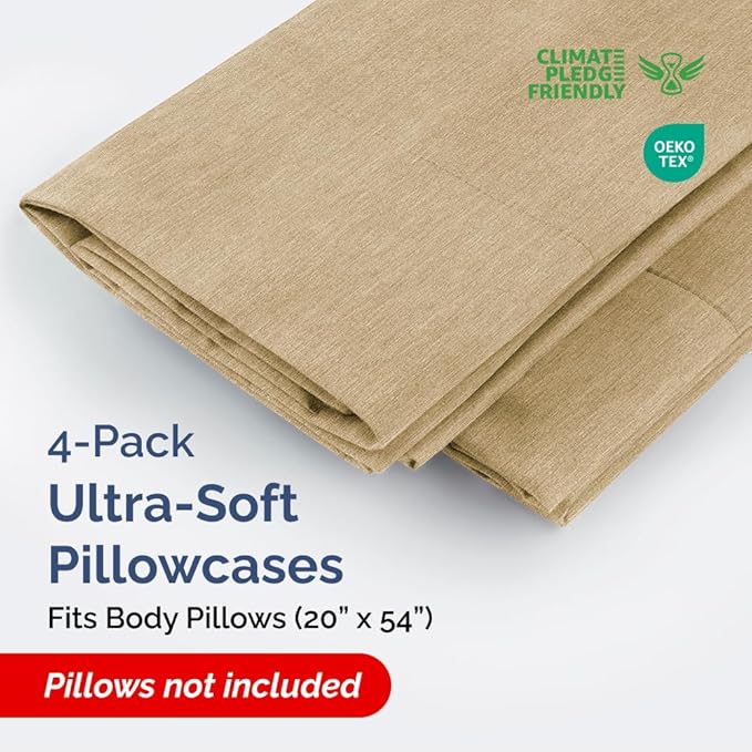Body Pillowcases Set of 4-20x54 Long Body Pillow Case - Soft Body Pillow Cover for Sleeping & Side Sleepers - Comfy, Breathable & Fade Free - Machine Washable w/Envelope Enclosure - (Heathered Tan)