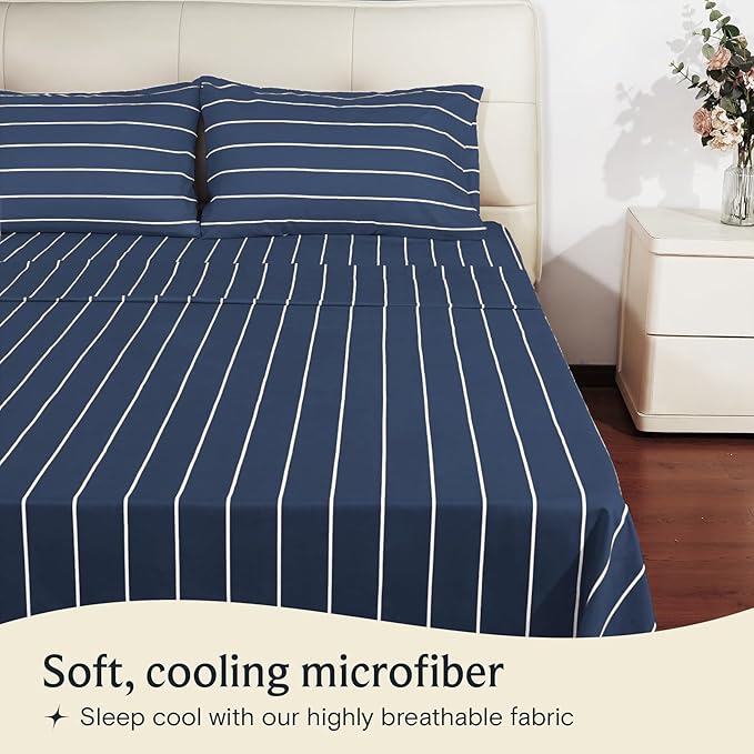 LuxClub 4 PC King Size Sheet Set, Breathable Luxury Bed Sheets, Deep Pockets 18" Wrinkle Free Cooling Machine Washable Hotel Bedding (Striped Navy)