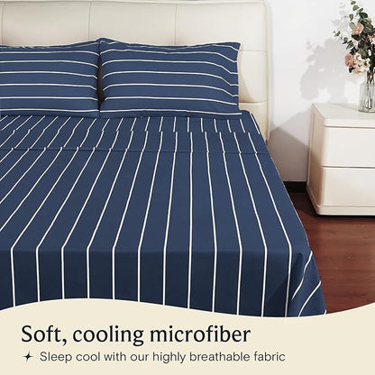 LuxClub Striped Sheets, 3 PC Striped Bed Sheets Twin Size, Deep Pockets 18" Eco Friendly Wrinkle Free-Kids-Fitted Sheets Machine Washable Hotel Bedding (Twin, Navy)