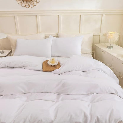 ECOCOTT White Duvet Cover King Size - 100% Washed Cotton Durable Soft Comfy Duvet Cover Set, Lightweight and Breathable with Zipper Closure & Corner Ties (White, 104''x90'')