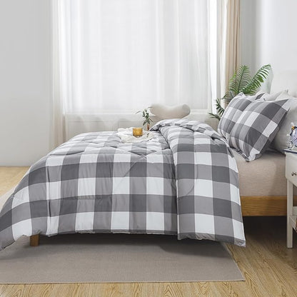 Caressma Buffalo Plaid Comforter Set Queen, White Gray Buffalo Plaid Comforter Bedding Set for All Seasons, Classic Gingham Pattern Print Soft Microfiber 3 Pieces Comforter with Pillowshmas