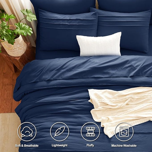 CozyLux King Size Comforter Set Navy Blue, 7 Pieces Soft Pinch Pleat Bed in a Bag King Comforter Set with Sheets, Boho Bed Set with Down Alternative Comforter, Sheets, Pillowcases & Shams
