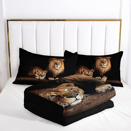 Lion and Lioness Comforter Set King Size,Lion Bedding Set King,King Animal Print Black Comforter Set,Tropical African Animal 3D Print Bedding Black Bed Set
