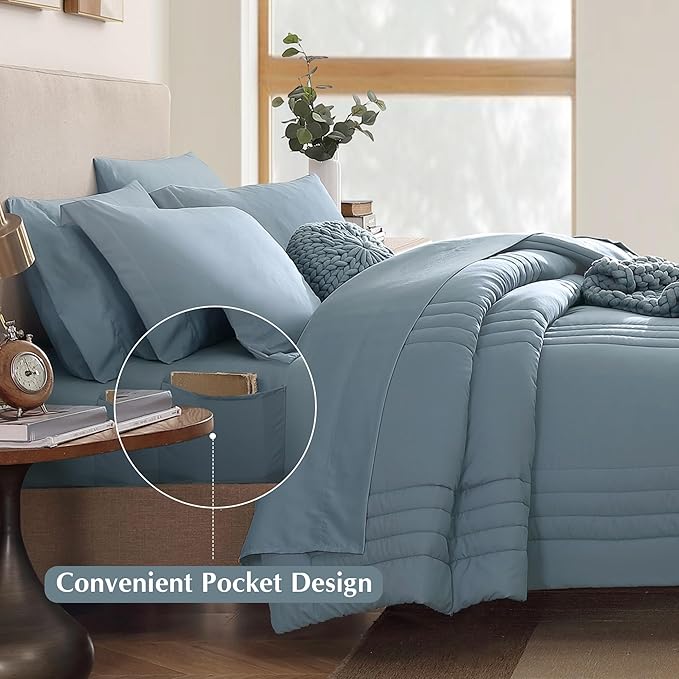Monbix Queen Comforter Set - 7 Pieces Dusty Blue Bed in a Bag Queen Bedding Sets with Comforters, All Seasons Comforter Bed Set with Sheets, Pillowcases & Shams