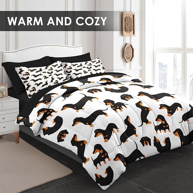 Comforter Set Twin Size, Dog Family Animal 5 Pcs Bedding for Kids and Adults, Happy Cute Dachshund Bed Sheet Sets with Fitted Sheet Pillowcase & Sham for Bedroom Bed Decor