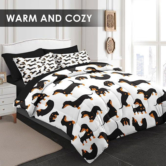 Comforter Set King Size, Dog Family Animal 7 Pcs Bedding for Kids and Adults, Happy Cute Dachshund Bed Sheet Sets with Fitted Sheet 2 Pillowcases & 2 Shams for Bedroom Bed Decor
