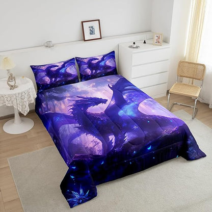 Feelyou Dragon Comforter Set Queen Size Jungle Dragon Comforter for Boys Girls Teens Western Dragon Bedding Set Wild Animal Duvet Set Room Decor Purple Quilt Set