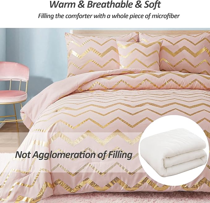 Menghomeus Pink Comforter Set King Size Metallic Blush and Rose Gold Bed Comforter 4 Piece Soft Microfiber Bedding for Teen Girls Women (2 Pillow Shams + 1 Decorative Pillow Sham)