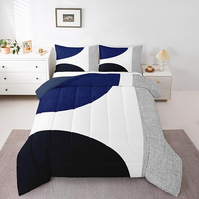 Erosebridal Navy Blue Abstract Comforter Set Twin,Black and White Boho Geometric Circle Bedding for Minimalist,Striped Lines Modern Art Quilt,Watercolor Creative Artwork Bedding Comforter Sets