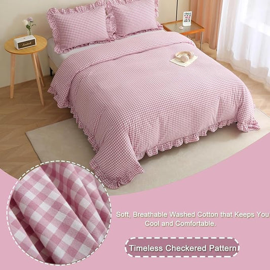 Vintage Pink/White Plaid Ruffle 3-Piece Duvet Cover Set Queen Size,Washed Cotton Shabby Gingham Checkered Bedding Set Farmhouse Comforter Set