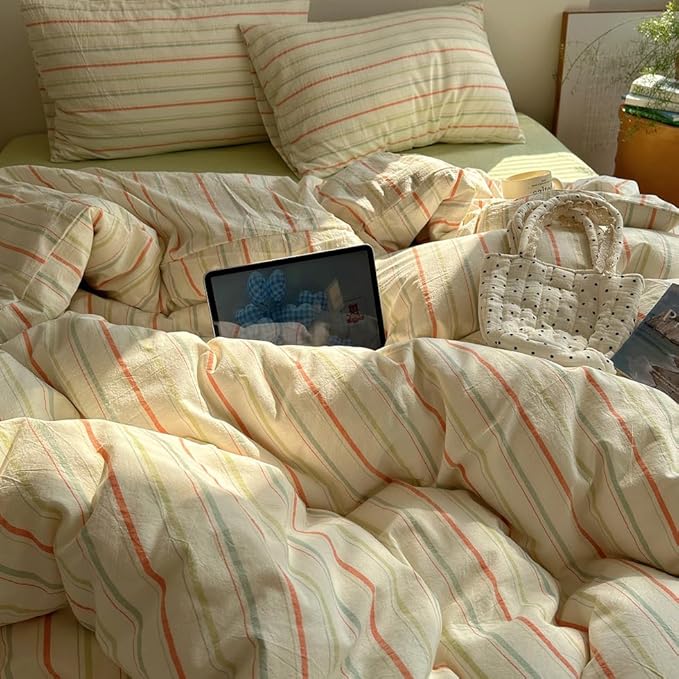 EAVD Retro Striped Duvet Cover Set Twin Size 100% Cotton Vintage 3-Pieces Stripes Bedding Set with 2 Pillowcases Farmhouse Geometric Comforter Cover with Zipper Closure(Orange&Blue&Green, Twin)