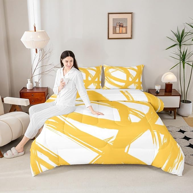 Erosebridal Yellow and White Striped King Bedding Set for Kids Teens Adults, Geometric Striped Comforter Set for Minimalists,Graffiti Aesthetic Lines Duvet Insert,Contemporary Boho Modern Art Quilt