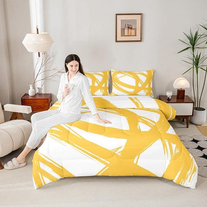 Erosebridal Yellow and White Striped King Bedding Set for Kids Teens Adults, Geometric Striped Comforter Set for Minimalists,Graffiti Aesthetic Lines Duvet Insert,Contemporary Boho Modern Art Quilt