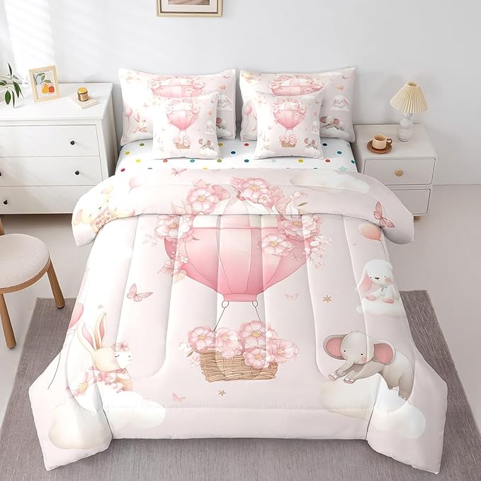 Pink Floral Hot Air Balloon Comforter Set King Size,Cute Animal Rabbit Elephant Bed Set 7pcs with Comforter,Fitted Sheet,Flat Sheet,2 Pillowcases,2 Throw Pillow Covers,Butterfly Bedding Set