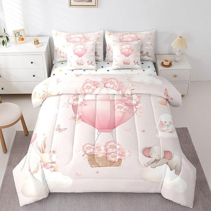 Pink Floral Hot Air Balloon Comforter Set King Size,Cute Animal Rabbit Elephant Bed Set 7pcs with Comforter,Fitted Sheet,Flat Sheet,2 Pillowcases,2 Throw Pillow Covers,Butterfly Bedding Set