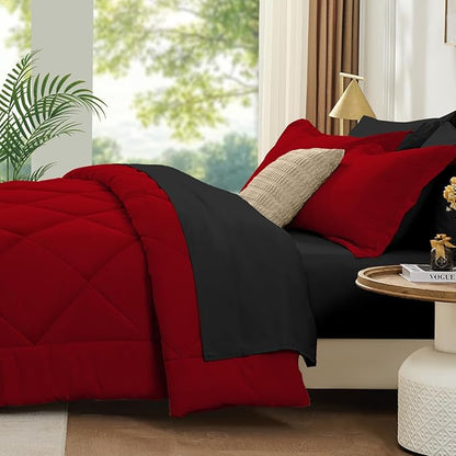 FUANNA 7 Pieces California King Size Comforter Set, All Season Bed in a Bag Cal King Size, Luxury Soft Bedding Sets with Comforter, Flat Sheet, Fitted Sheet, Pillowcases & Pillow Shams, Red & Black