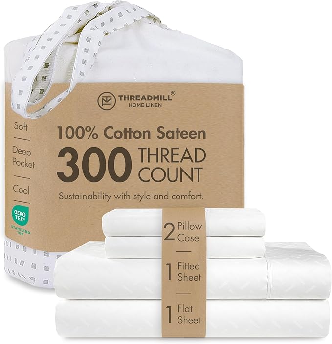 Threadmill 100% Cotton Sheets for King Size Bed | 4 Pc King Bed Sheets Set | Soft, Breathable Lightweight Damask Sateen for All-Season Use | Snug Fit Elastic Deep Pocket King Sheets | White