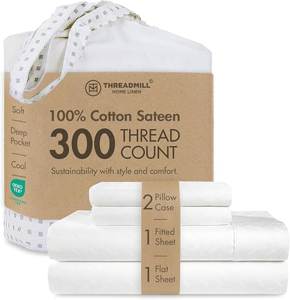 Threadmill 100% Cotton Sheets for King Size Bed | 4 Pc King Bed Sheets Set | Soft, Breathable Lightweight Damask Sateen for All-Season Use | Snug Fit Elastic Deep Pocket King Sheets | White