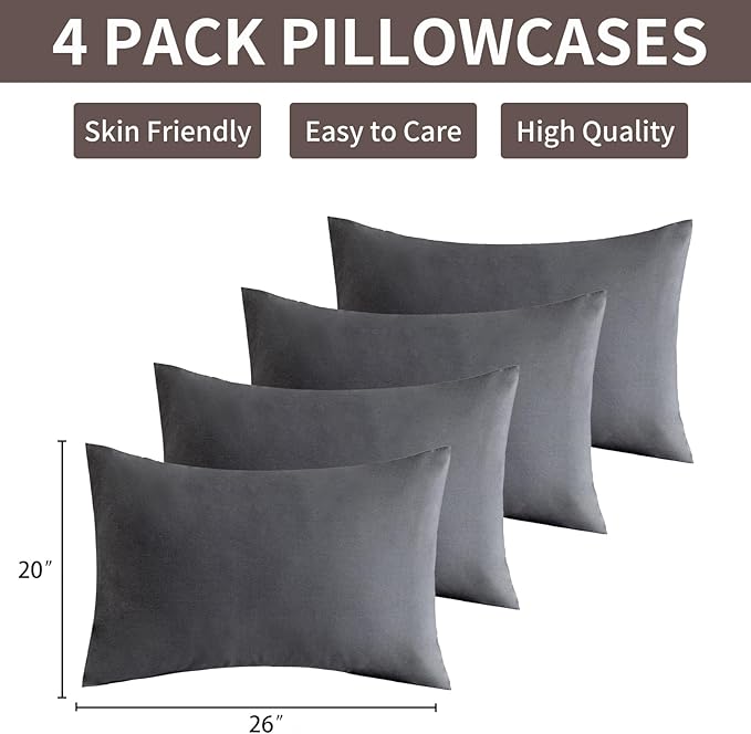 MINIPANDA Dark Gray Pillow Cases Standard Size Set of 4 - Super Soft, Smooth and Breathable Standard Pillow Cases- Envelope Design - Machine Washable Lightweight (20X26 Inches (4 Piece))