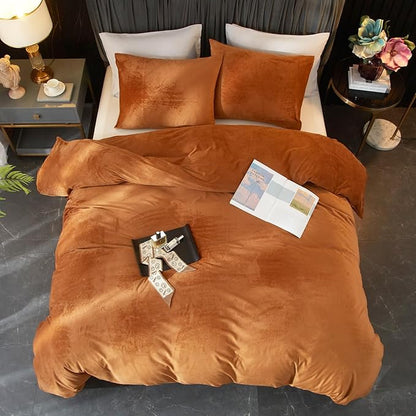 Ivellow Velvet Duvet Cover King Set Burnt Orange Velvet Duvet Cover King Comforter Cover 3Pcs Ultra Soft Duvet Cover Breathable Solid Luxury Flannel Velour Duvet Cover Zipper Closure Corner Tie