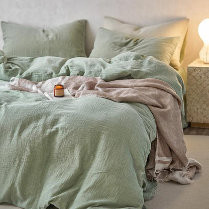 EAVD Solid Mint Green Duvet Cover Queen Soft Breathable 100% Cotton Muslin Linen Like Gauze Comforter Cover with 2 Pillowcases Modern Simple Mint Green Comforter Cover with Zipper Closure