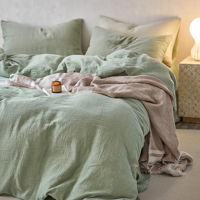 EAVD Solid Color Mint Green Duvet Cover King Soft Breathable 100% Cotton Muslin Linen Like Gauze Bedding Comforter Cover with 2 Pillowcases Modern Simple Mint Green Comforter Cover with Zipper Closure