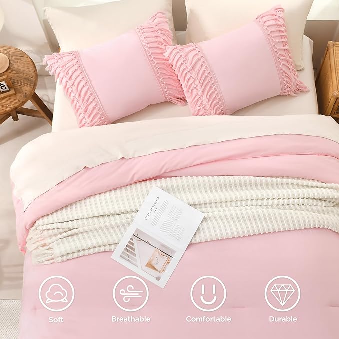 Andency Comforter King Size Set Light Pink, 3 Pieces Boho Tassel Lightweight Fluffy Bedding Comforters & Sets, Soft All Season Bed Set (104x90In Comforter & 2 Pillowcases)
