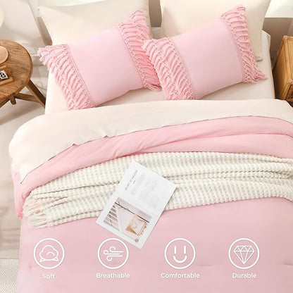 Andency Comforter Full Size Set Light Pink, Boho Lightweight Vintage Soft Bedding Comforter Sets, 3 Pieces Bed Set (79x90In Comforter & 2 Pillowcases)