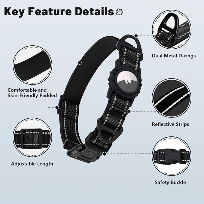 Taglory AirTag Dog Collar with Waterproof Holder for Medium Dogs, Black, M | Reflective for Night Walks & Low-Light Safety, Track Your Pup Peace of Mind, Adjustable Soft Padded, No More Dangling Tags