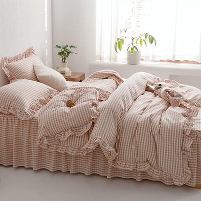 mixinni Vintage Pink Gingham Ruffle Comforter Set 3-Piece Washed Cotton Full Size Grid Bedding Set with Geometric Checkered Pattern, Farmhouse Chic Soft Fluffy Comforter for All-Season