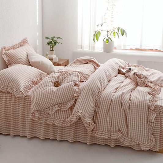 mixinni Vintage Pink Gingham Ruffle Comforter Set 3-Piece Washed Cotton Full Size Grid Bedding Set with Geometric Checkered Pattern, Farmhouse Chic Soft Fluffy Comforter for All-Season