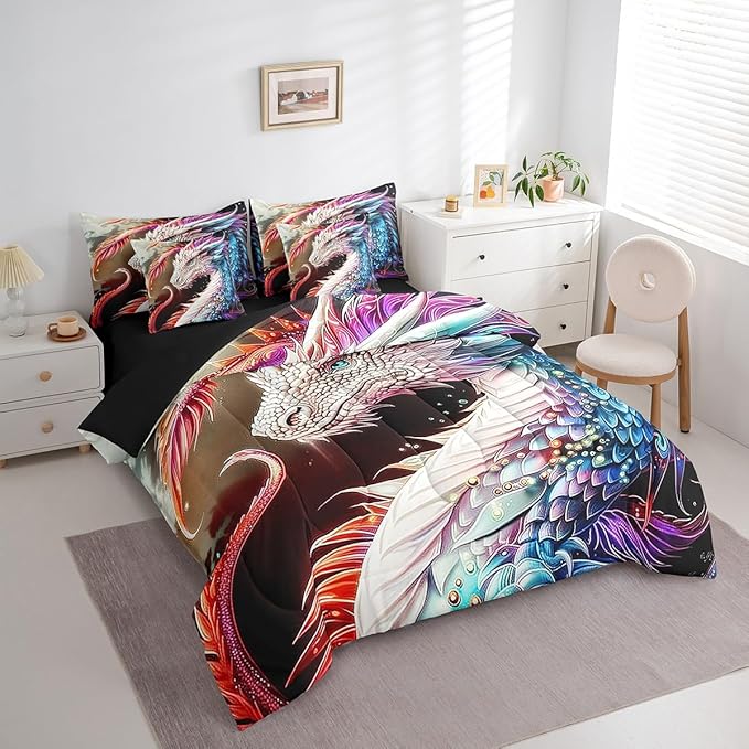 Erosebridal Colourful Dragon Comforter Set 7 Piece Bed in a Bag Twin,Gothic Artistic Mythical Animal Bedding Sets Antique Wildlife Sheet Set with Comforter