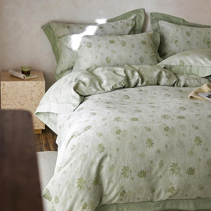 mixinni Yarn-Dyed Jacquard Duvet Cover Queen, Green Botanical Leaf Print 3-Piece Bedding Set with Wide Edge Piping, Soft Breathable Double Layer Gauze for All Seasons (1 Duvet Cover + 2 Pillowcases)