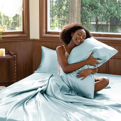 CozyLux Satin Sheets King Size Sheet Set - 4 Piece Silky King Sheets, Luxury Light Blue King Bed Set with Smooth and Soft Microfiber, Includes 1 Fitted Sheet, 1 Flat Sheet and 2 Pillowcases