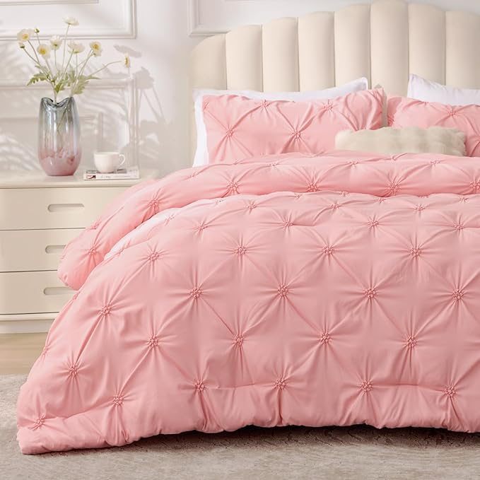 BEDELITE Pink Queen Comforter Set - 3 Pieces Boho Pintuck Bedding Comforter Sets, Lightweight Soft & Warm Bed Comforter with 2 Pillowcases for All Season,Valentines Day | mothers day gifts, Multiple color, Modern Comforter, High Quality