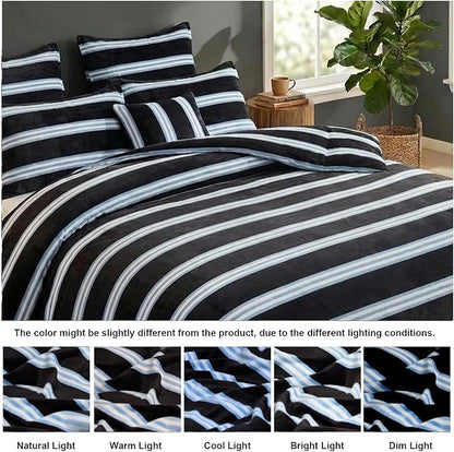 Bedbay Striped Comforter Set Fluffy Fleece King Comforter Set Soft Warm Flannel Velvet Comforter 3 Pcs Blue Black Striped Bedding Set Modern Stripes Pattern King Bed Set for All Seasons